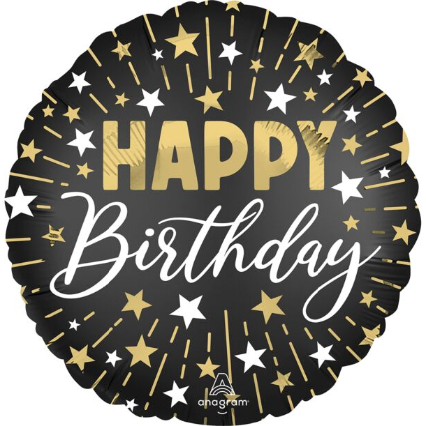 Black Silver Gold Happy Birthday Mylar, 17in