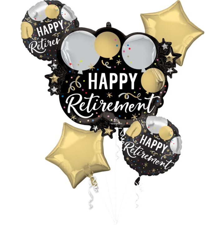 Black Silver Gold Retirement Mylar Bouquet, 5pc