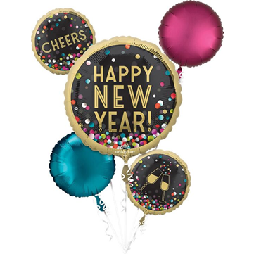 Colorful Confetti Happy New Year Mylar Bouquet, 5pc