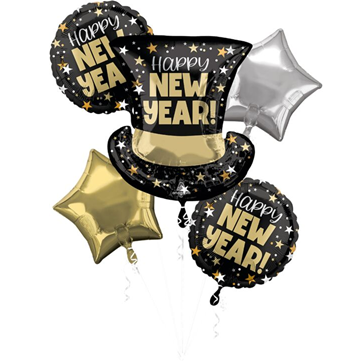 Top Hat Bash Happy New Year Mylar Bouquet, 5pc